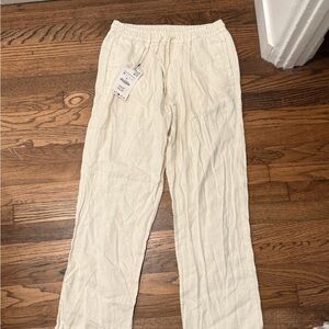 Zara Beige White Linen Drawstring Pants